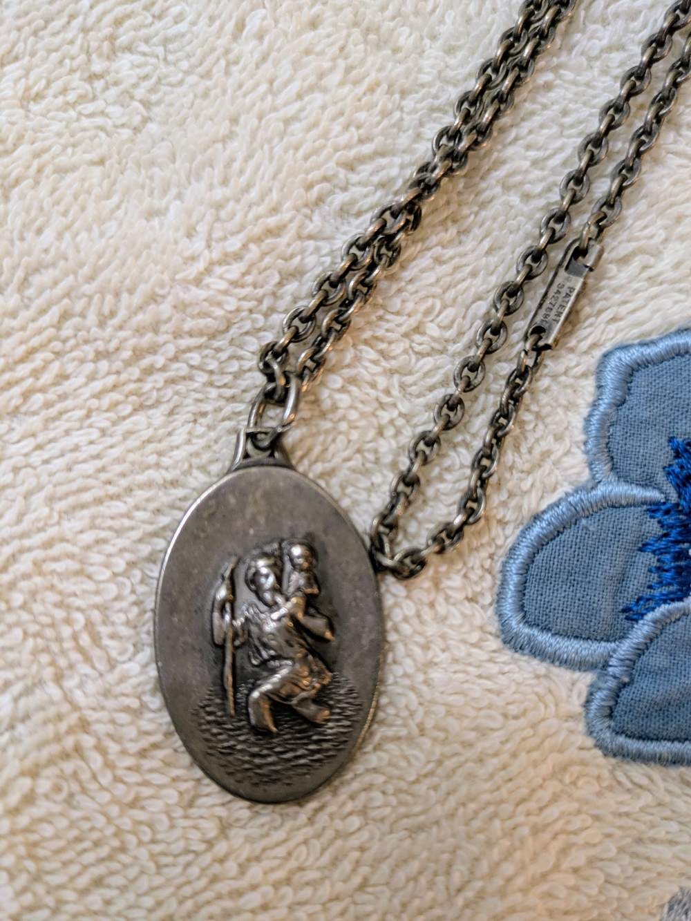 Vintage Mid-70s, 24", Pewter Saint Christopher Oval Medallion Necklace